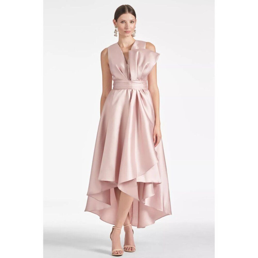 Sachin & Babbi Jenna Gown Silver Peony Pink Satin Asymmetrical NWT Size 6